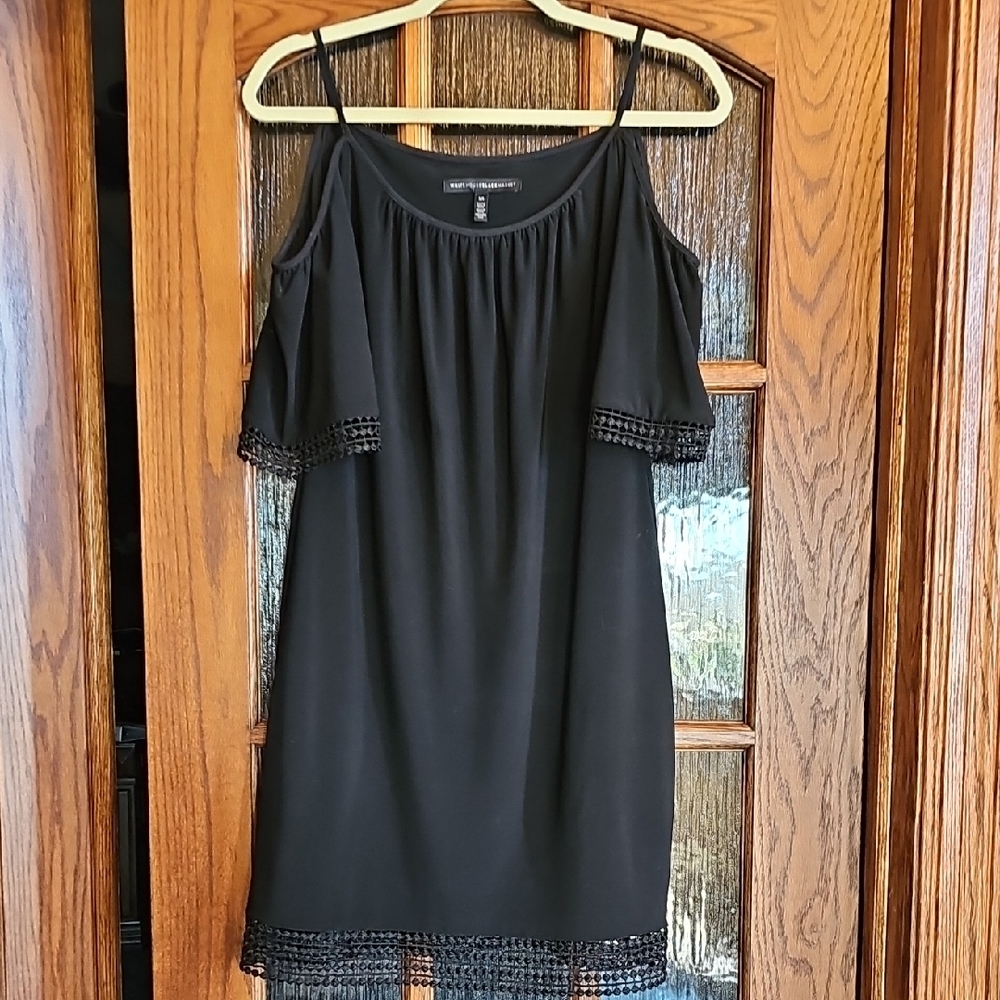 White House Black Market Black Cold-Shoulder Mini Dress with Crochet Trim